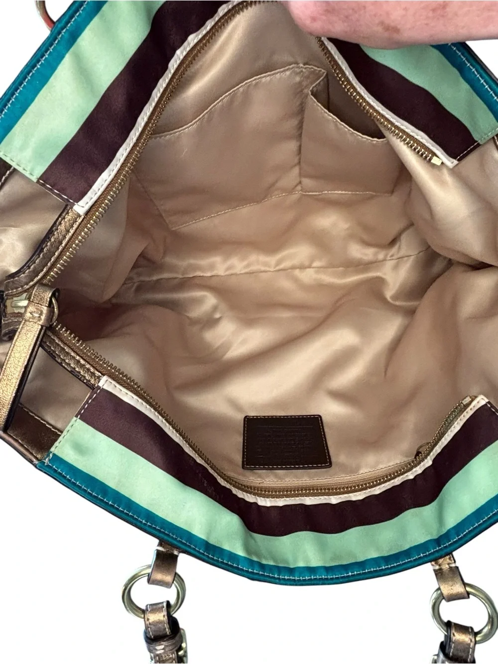 COACH Legacy Stripe Large Satin Tote Bronze Leather Trim Style 14010